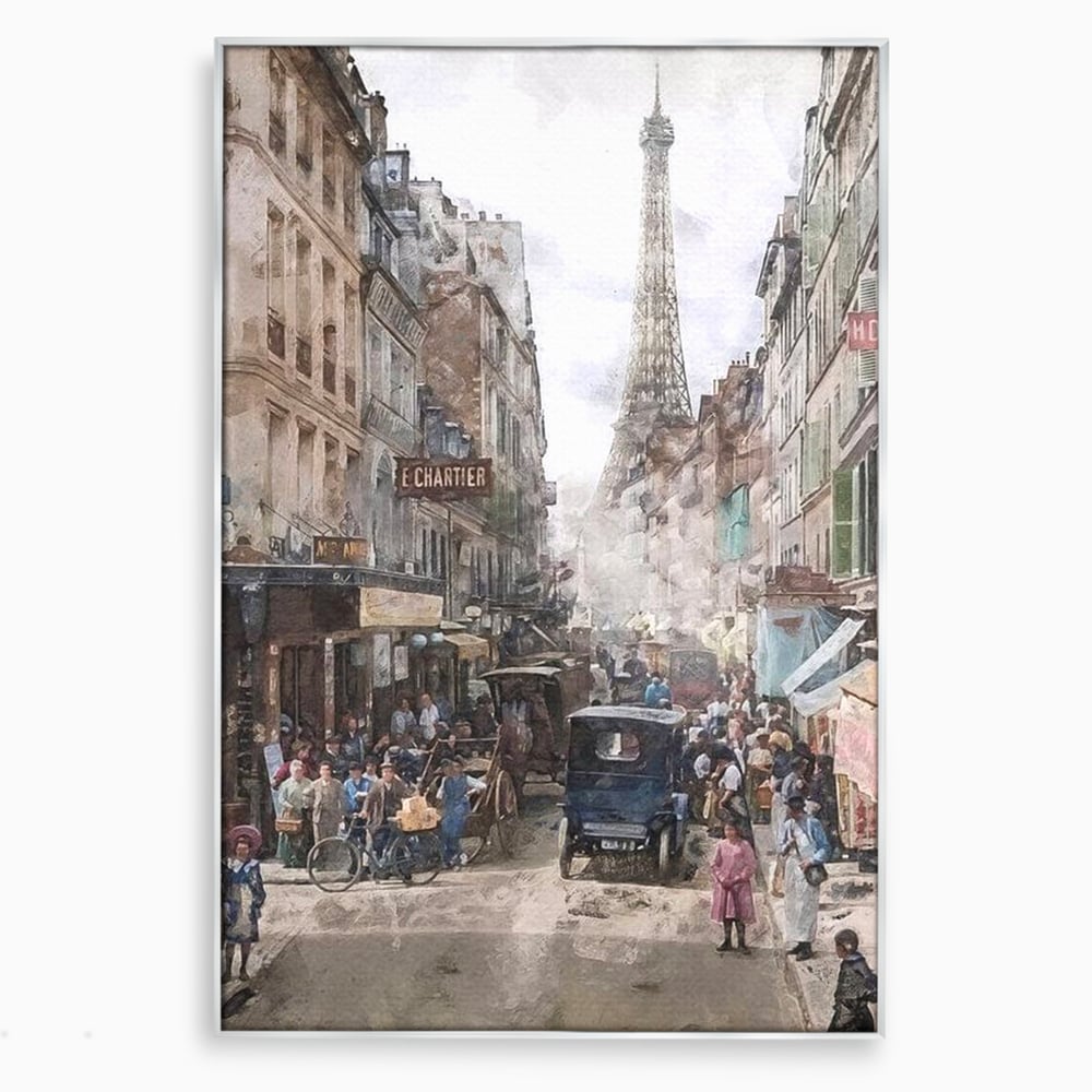 Tablou canvas cu pictura stradala cu turnul eiffel, in rama de aluminiu argintiu